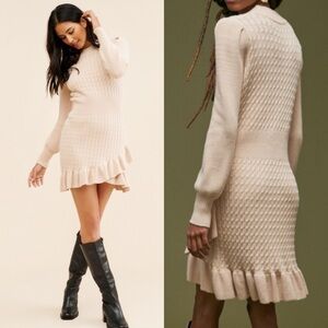 Anthropologie X Flat White Ruffled Mini Sweater Dress Cable Knit Ivory Cream